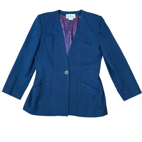 Vintage Oleg Cassini One Button Wool Blazer Nautical Navy Gold Button Size 12 - Picture 1 of 7
